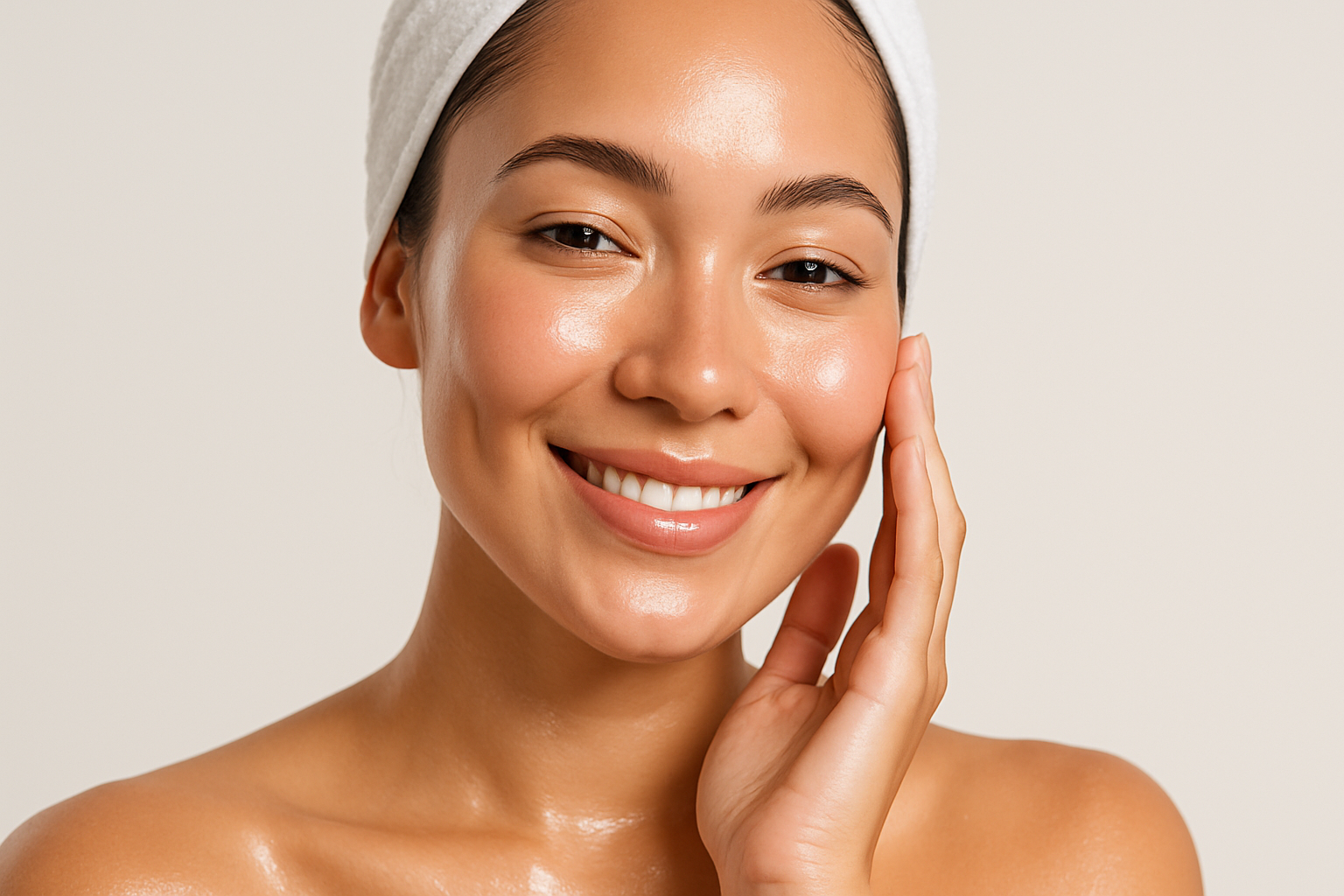 CHICA JOVEN CON LA CARA BONITA DESPUES DE HACERSE LA RUTINA DE SKINCARE